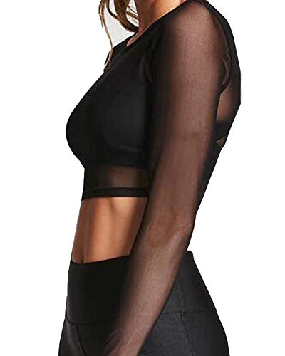 BelleLovin Women's Sheer Mesh Long Sleeve Crop Top Sexy Tee, Black, Size Small