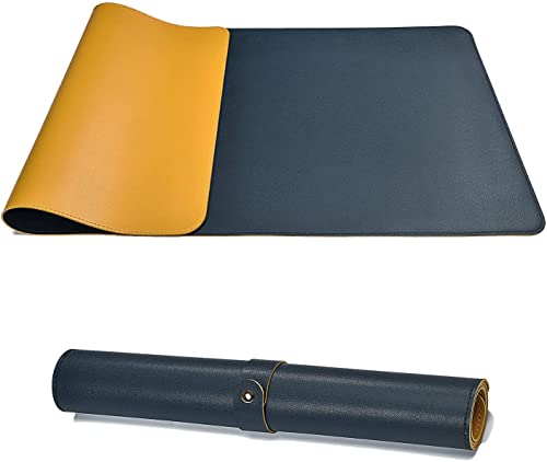 Image of Combo Pack - Aropana Vegan Leather Desk Mat Big with Mouse Pad Small, Reversible & Waterproof Edge-Stitched Upgraded (Navy Blue /Yellow 1*Big 27.6'' x 13.8'' Inches, 1*Small 9.8 x 8.3 inches)