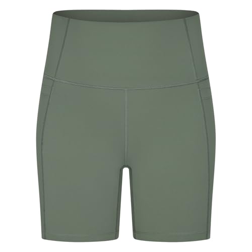 Mo Joc Women's Workout Shorts with Pockets - High Rise Compression Athletic Shorts for Hot Yoga, Tennis & Summer Training Green