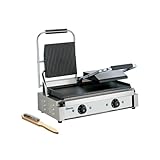 Gerät aus robustem Chrom-Nickel-Stahl , große Grillfläche und oben gerillte, unten glatte Grillplatte