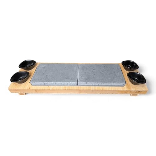 Black Rock Grill Sizzling Steak Stone Set - Hot Lava Rock Food Warmer & Tabletop Sizzler Platter Twin Sharing Set with Bamboo Board 2 Italian Hot Stones Dipping Pots & Aluminium Underplates