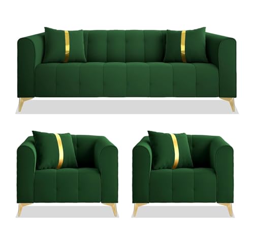 Image of Shie Wood Art Modern Classic Chesterfield Sofa for Living Room Bedroom Reception and Office (3+1+1 Seater, Green)