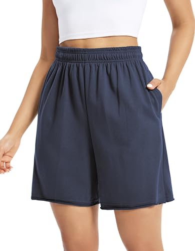 Auriviz Pantalones cortos de algodón para mujer, cómodos, casuales, con cordón, para entrenamiento, descanso, verano, cintura alta, con bolsillos, Azul marino, S