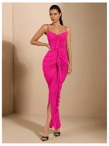 Image of Floerns Women's Ruffle Ruched Cami Dress Draped Split Elegant Bodycon Maxi Dresses