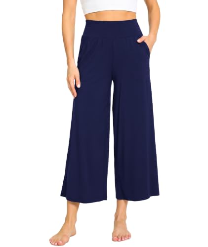 Image of GYS Bamboo Viscose Wide Leg Gaucho Cropped Pants, High Waist Capris Cloud-Soft Pajama Pants with Pockets, Flowy Yoga Pants