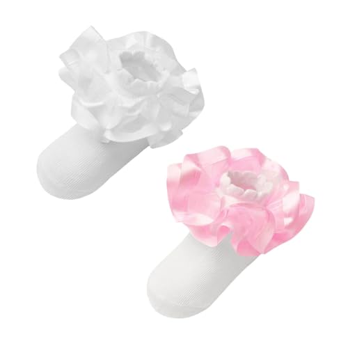 Bmrwtg 2 Pairs Girls Ruffle Lace Cotton Socks,Cute Double Big Lace White Frilly Princess Dress Socks for Toddler Little Girls (US, Age, 1 Year, 3 Years, Standard, White/Pink)