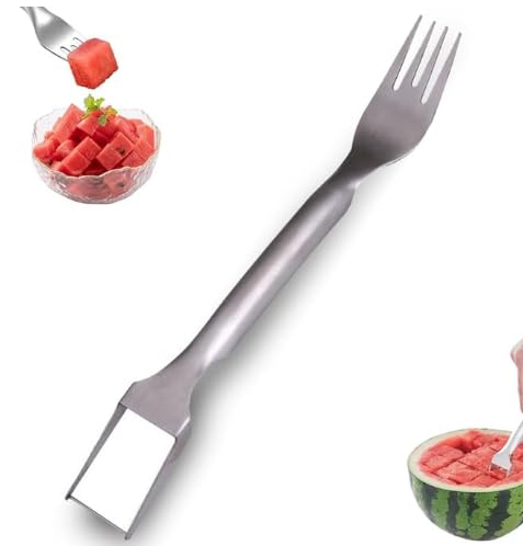 2Pcs Watermelon Fork Slicer Cutter, 2-In-1 Stainless Steel Fruit Cutter, 2025 Upgrade Portable Melon Slicer Tool for Camping, Picnics, Home, Parties – Effortless Cubes & No Mess