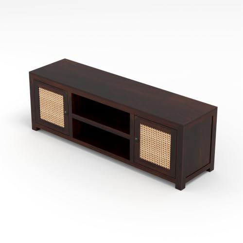 Image of Solid Sheesham Wood Entertainment TV Unit with 2 Door | Rosewood Tv Stand /TV Cabinet for Living Room | Bedroom | Wooden TV Panel with Shelf Stoarge | TV Table