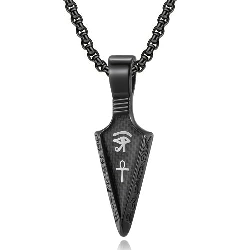 MERTTURM Collar Ankh para Hombre, Ojo de Horus, Cruz Egipcia, Símbolo de Protección, Cadena para Hombre, Acero Inoxidable + Colgante de Punta de Flecha de Fibra de Carbono con Caja de Regalo
