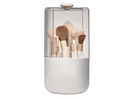EACHY Makeup Brush Holder with Lid 360 Rotating Vanity Organizer for Brushes Dustproof Cosmetic Display Case 7 Compartments Waterproof Plastic (White)