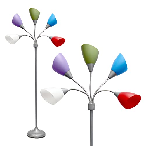 Simple DesignsLF2006-SDM 67" Contemporary Multi Head Medusa 5 Light Adjustable Gooseneck Silver Floor Lamp with Primary Dark Multicolored Shades for Kids Bedroom Playroom Living Room Office