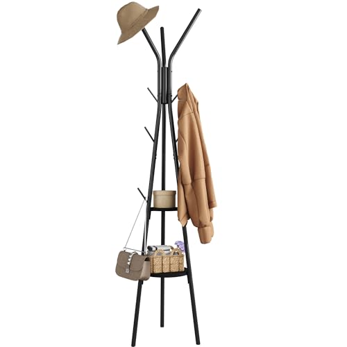 HOMEFORT Coat Rack, Coat Hanger Stand with 2 Shelves, Freestanding Hall Tree, Metal Hat Hanger with 12 Hooks for Clothes Hats and Scarves (Black)