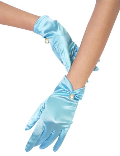 QRBTSCL Womens Short Satin Gloves for Wedding Wrist Short Evening Party Dressy Bridal Satin Gloves with Pearl Sky Blue