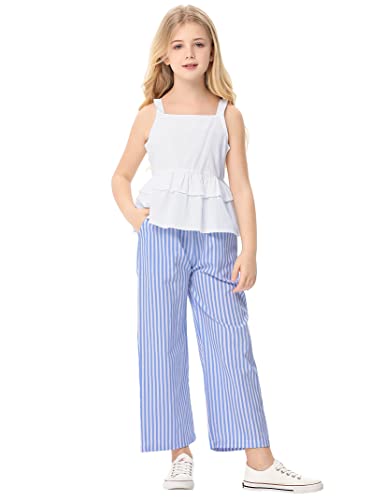 Image of Girl's 2 Piece Striped Outfits Cami Top Wide Leg Pants Ruffle Hem Summer Clothes with 2 Pockets 3-14Y