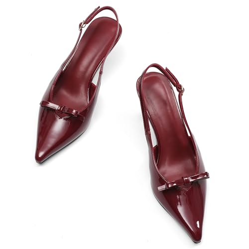 Image of Mattiventon Slingback Heels for Women Kitten Heels Bow Ankle Strap Pointed Toe Heel Sexy Wedding Dress Party Pumps