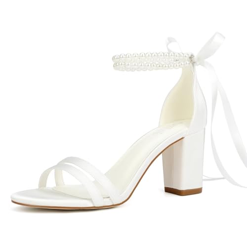 Block Heel Wedding Sandals Bridal Shoes Pearl Heels Open Toe Wedding Shoes for Bride