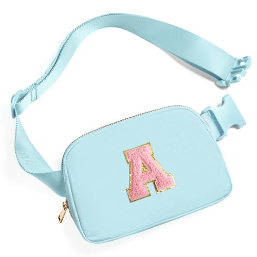 gitus gifts for 7 8 9 10 11 year old girls belt bag fanny pack crossbody bags with initial letter patch birthday gifts for daughter sister friends teen girls icing blue-a