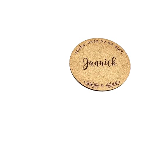 Personalisierte Kork-Untersetzer Hochzeit mit Namen & "Schön, dass du da bist" – 2-in-1 Platzkarten & Gastgeschenk – Gravierte Glasuntersetzer Blumenranke – Vintage Tischdeko (9,5 cm)