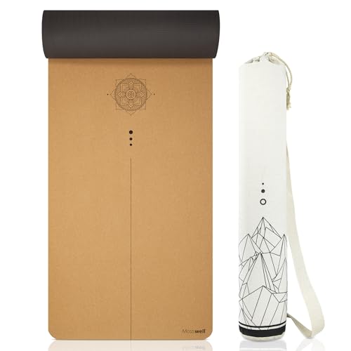 Mosswell Premium Kork-Yogamatte (4mm dick) - Rutschfeste Fitnessmatte mit Hilfslinien - Pilatesmatte...