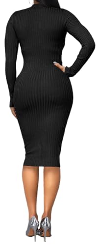 Image of Oxgmoky Women's Church Long Sleeve Sweater Dress Ribbed Bodycon Midi Work | Soft ribbed knit bodycon midi sweater dress with sleeveless cut and round neck for church, work and dinners