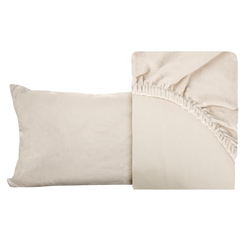 BESCH Sábanas Bajeras Térmica Terciopelo de Cristal Ajustable de 2 Piezas 90x200+25cm + 1 Funda Almohada de 45x110cm - Bajera Pólar Felpa, Súper Suave y Acogedora (Beig, Cama 90)