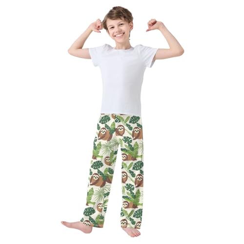 ZZXXB Tropical Sloth Leaves Boys Long Pants Soft Trousers Elastic Waist Kids Lounge Bottoms with Pockets S-XL2