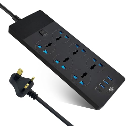 SKY-TOUCH Power Strips Extension Cord 6 Outlets, UK Plug Universal Plug Adapter with 3 USB & 1 Type-C Ports Surge Protector, Charging Socket with 2M Bold Extension Cord