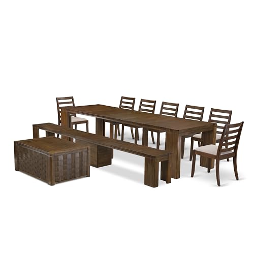 Image of X07X1-BC8-04 10-Pc Modern Dining Table Set includes 1 Rectangle Kitchen Table, 1 Coffee Table, 7 Stackable Polyester Chairs and 1 Bench, 39x120 Inch, Antique Walnut