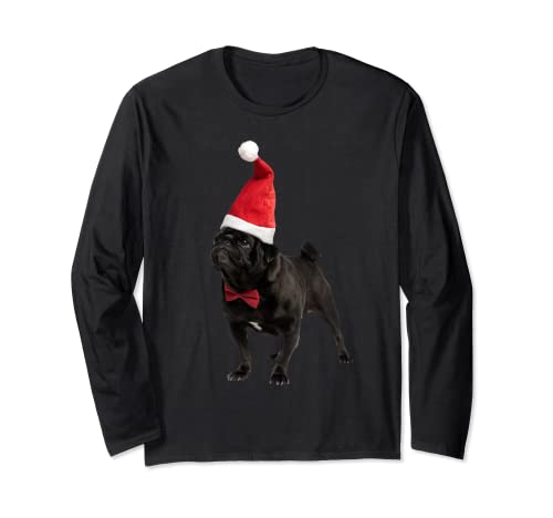 Lindo Negro Pug Santa Sombrero Imagen Navidad Perro Diversión Imagen Pug Manga Larga