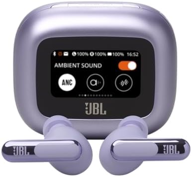 JBL Live Beam 3 - True wireless noise-cancelling stick-closed earbuds, 48Hrs total playback, Wireless Charging, 6 Mics for perfect calls, Multi-point connection, IP55 waterproof and dustproof (Purple)