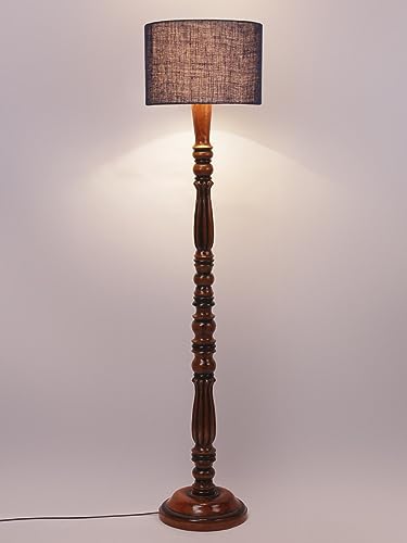 Image of Jute Modern Floor Lamp with Wooden Base - Height 56 Inches | Modern & Fashionable Standing Lamp for Living Room, Bedroom & Office | Stylish Home Decor Lighting in Elegant Blue Shade
