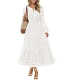 MEROKEETY Women's Fall Long Sleeve Floral Maxi Dress V Neck Lace Eyelet Hollow Out Tiered Dresses Pockets, White, Medium