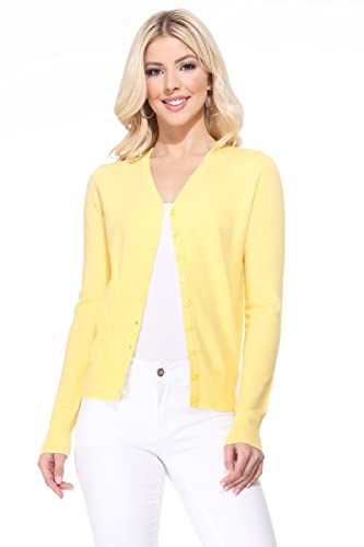Yemak Women's Knit Cardigan Sweater – Long Sleeve V-Neck Basic Classic Casual Button Down Knitted Soft Lightweight Top Mk5178-Baby Yellow-S #TOP1