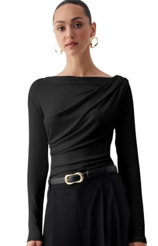 Image of SIGHTBOMB SOFTLINE Asymmetric Boat Neck FRONTFLOW Gathered Waterfall Afford LUX Edition Formal WEAR Long Sleeve Feather Touch TOP for Women