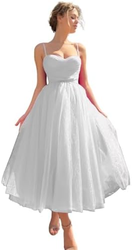 Sevintage Women's Tulle Ball Gowns for Teens Tea Length Princess Dresses Spaghetti Straps Short Prom Dress Midi Party Gown for Wedding White US12