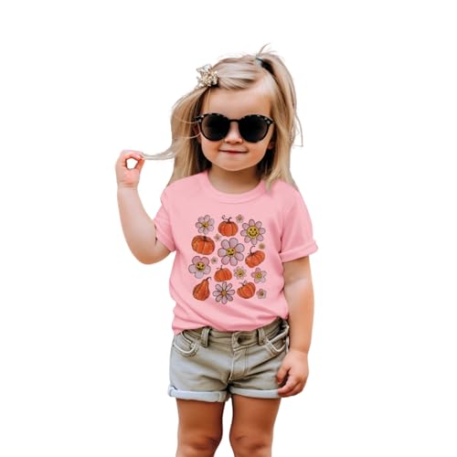 Ritatte Toddler Baby Girl Halloween Shirt Cute Pumpkin Flower Graphic T-Shirt Retro Fall Spooky Season Short Sleeve Tee Tops