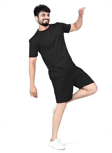 Image of ELLITI Cotton Blend Solid Casual Round Neck Half Sleeve Oversized Co-ord Set Men's, Pyjama Set, Sleepwear Loungewear T-Shirt and Shorts Combo for Men, Night Wear for Men, Night Suit for Men's