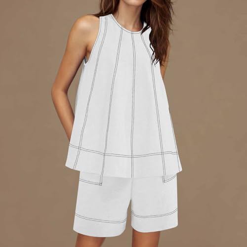 NSICBMNO White Co Ord Sets For Women Summer 2 Piece Outfits Cotton Linen Shorts Oversized Vest Tops Sleeveless Tunics Striped Lounge Set With Pockets Casual Tracksuits Travel Outfits Y2K Streetwear - Image 5