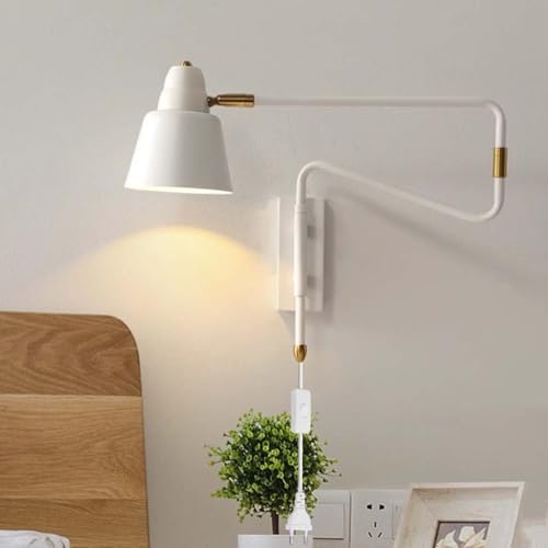 AoLa Applique Murale à Bras articulé Bras métallique Ajustable Lampe Murale avec Interrupteur et Prise Industrielle Lampe de Chevet Pivotant avec câble Bras Long Lampes de Lecture,Blanc