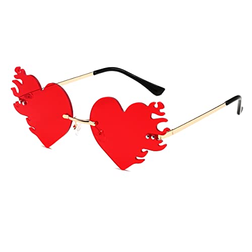 JOVAKIT Fire Heart Shaped Sunglasses for Women Men Vintage Rimless Flame Love Sun Glasses Retro Rave Party Halloween Glasses