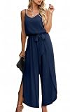 ECOWISH Women Long Pants Jumpsuit: Spaghetti Strap Casual Loose Wide Leg Romper Summer V Neck Flowy Solid Overalls with Belt 384 Navy Blue M