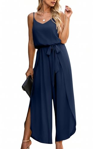 ECOWISH Women Long Pants Jumpsuit: Spaghetti Strap Casual Loose Wide Leg Romper Summer V Neck Flowy Solid Overalls with Belt 384 Navy Blue S