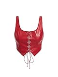MakeMeChic Women's Faux Leather Top Sleeveless Lace Up PU Leather Crop Tank Top Vest Red S