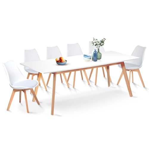 IDMarket - Juego de comedor Inga extensible de 160 a 200 cm y 6 sillas Sara, color blanco, diseño escandinavo