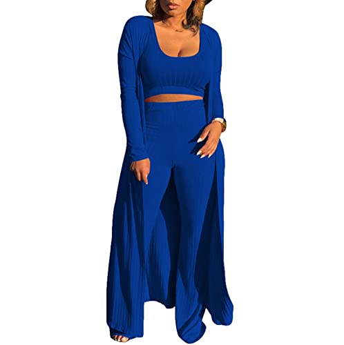 Image of Women's 2 Piece Outfits Set Ribbed Short Sleeve Casual Crop Top Wide Leg Pants Suit Set