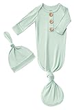 SUZEL Newborn Baby Boys Girls Knotted Gown Hat Set Soft Viscose from Bamboo Infant Sleeper Baby Sleep Gown with Mittens (Sage Green, 0-3 Months)