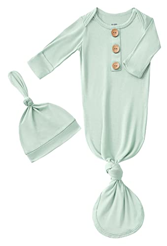 Image of Newborn Baby Boys Girls Knotted Gown Hat Set Soft Bamboo Viscose Infant Sleeper Baby Sleep Gown with Mittens