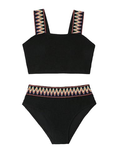 Image of OYOANGLE Girl's 2 Piece Boho Printed Beach Sports Bikini Swimsuits Textured Bathing Suits Swimwear
