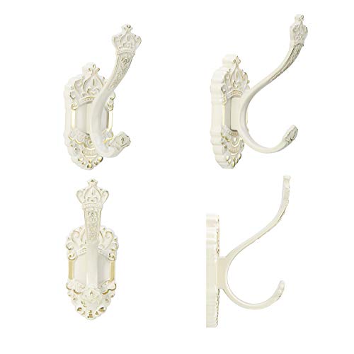 Sdh Rustic Coat Hooks, Crown Theme Wall Mount Towel Hooks, Aluminum Heavy Duty Wall Hooks For Hanging Coats Purse & Clothes In Bathroom & Hallway, Pack Of 2 Utility Hooks, White Color With Gold Band #TOP1