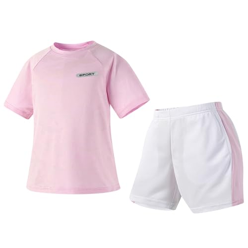 Amur Leopard Survêtement Fille Ensemble Jogging Enfant Garçon Set 2pcs d'Été T-shirt à Manches Courtes + Shorts pour Sport Extérieur, Rose + Blanc, 11Y/160(11-12 Ans)